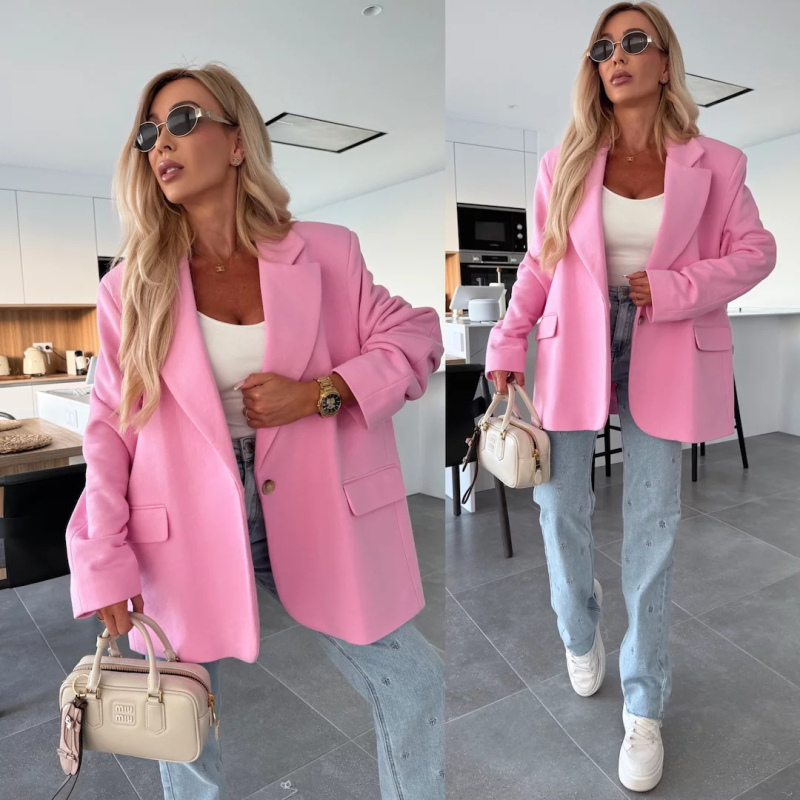 Sacou-blazer damă, culoare solidă, rever, croială lejeră, mâneci lungi, buzunare, lungime medie, stil occidental, 2026