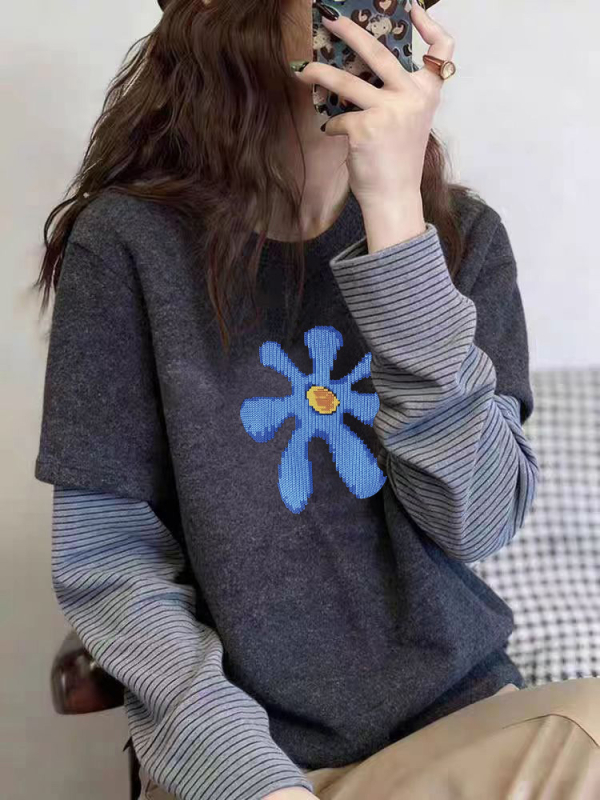 Ženska majica s dugim rukavima, prugasti patchwork, baršunast finiš, korejskog stila, baza za proljeće i jesen
