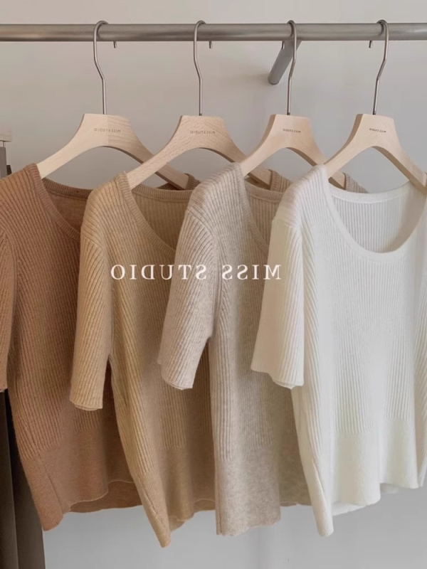 Γυναικείος πλεκτός τοπ με κοντό μανίκι από ice silk και λινό, ελαφρύ καλοκαίρι, χαλαρή γραμμή, στρογγυλός λαιμός, κοντή γραμμή για layering