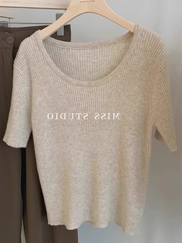 Γυναικείος πλεκτός τοπ με κοντό μανίκι από ice silk και λινό, ελαφρύ καλοκαίρι, χαλαρή γραμμή, στρογγυλός λαιμός, κοντή γραμμή για layering