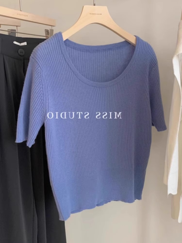 Γυναικείος πλεκτός τοπ με κοντό μανίκι από ice silk και λινό, ελαφρύ καλοκαίρι, χαλαρή γραμμή, στρογγυλός λαιμός, κοντή γραμμή για layering