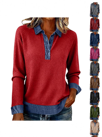 Μπλούζα από τζίν με mock neck, μακριά μανίκια, patchwork σε χρωματικά μπλοκ