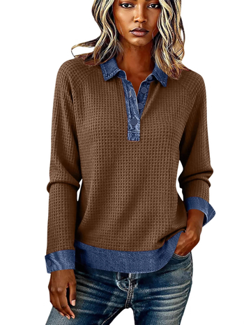 Μπλούζα από τζίν με mock neck, μακριά μανίκια, patchwork σε χρωματικά μπλοκ
