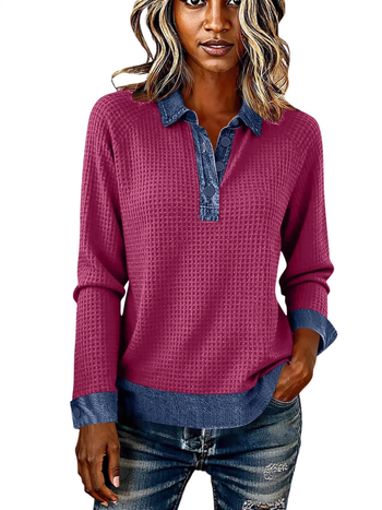 Μπλούζα από τζίν με mock neck, μακριά μανίκια, patchwork σε χρωματικά μπλοκ