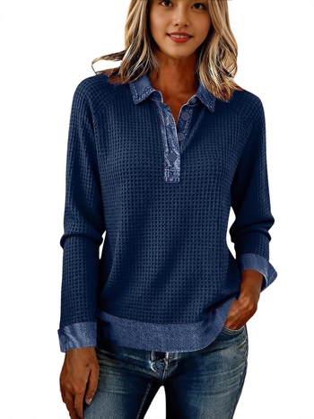 Μπλούζα από τζίν με mock neck, μακριά μανίκια, patchwork σε χρωματικά μπλοκ