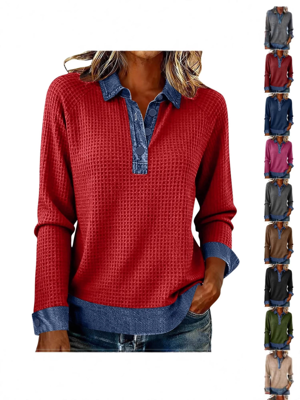 Μπλούζα από τζίν με mock neck, μακριά μανίκια, patchwork σε χρωματικά μπλοκ