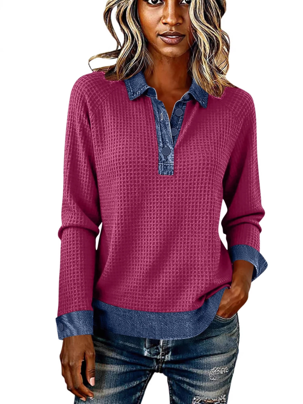 Μπλούζα από τζίν με mock neck, μακριά μανίκια, patchwork σε χρωματικά μπλοκ