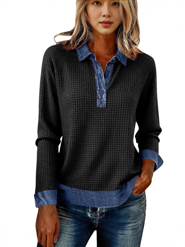Μπλούζα από τζίν με mock neck, μακριά μανίκια, patchwork σε χρωματικά μπλοκ
