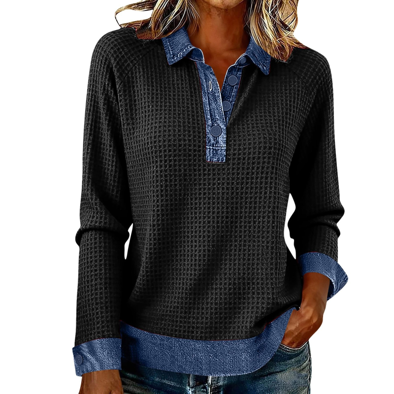 Μπλούζα από τζίν με mock neck, μακριά μανίκια, patchwork σε χρωματικά μπλοκ