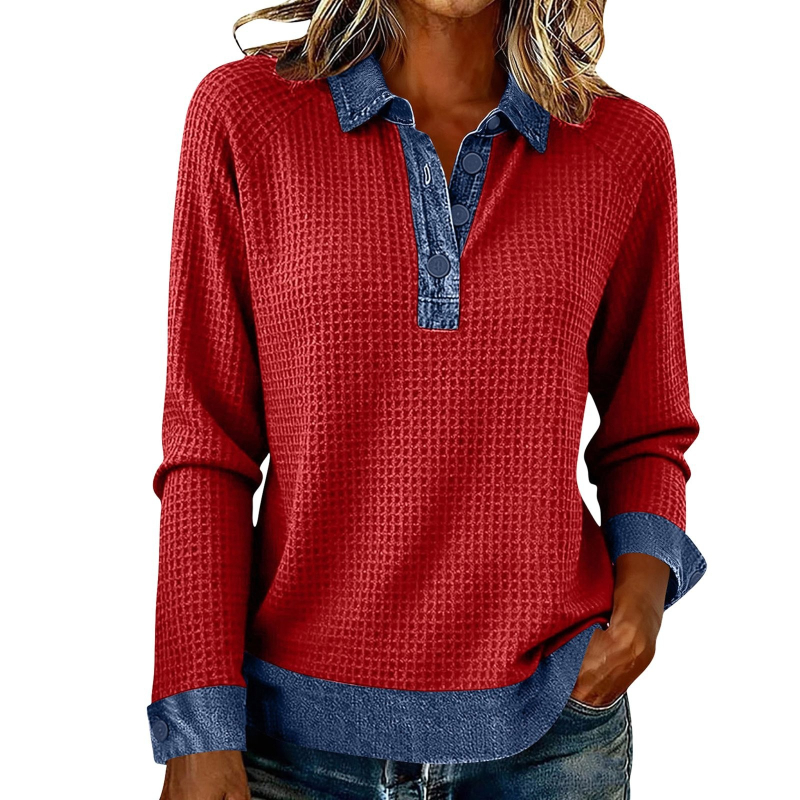 Μπλούζα από τζίν με mock neck, μακριά μανίκια, patchwork σε χρωματικά μπλοκ