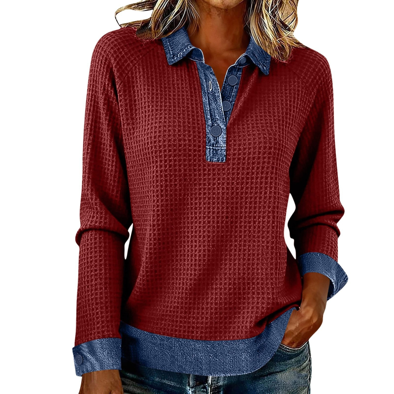 Μπλούζα από τζίν με mock neck, μακριά μανίκια, patchwork σε χρωματικά μπλοκ