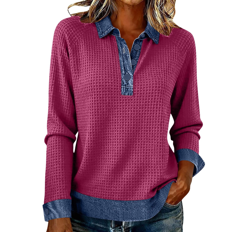 Μπλούζα από τζίν με mock neck, μακριά μανίκια, patchwork σε χρωματικά μπλοκ