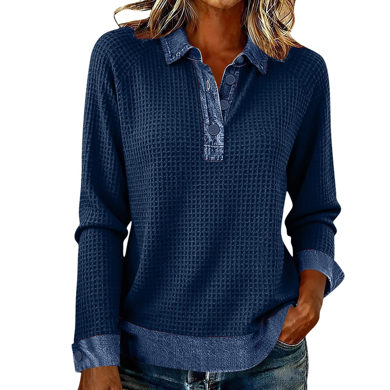 Μπλούζα από τζίν με mock neck, μακριά μανίκια, patchwork σε χρωματικά μπλοκ