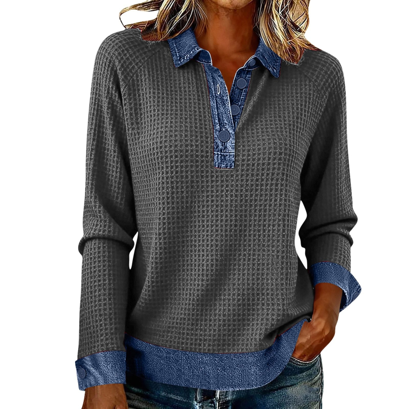 Μπλούζα από τζίν με mock neck, μακριά μανίκια, patchwork σε χρωματικά μπλοκ