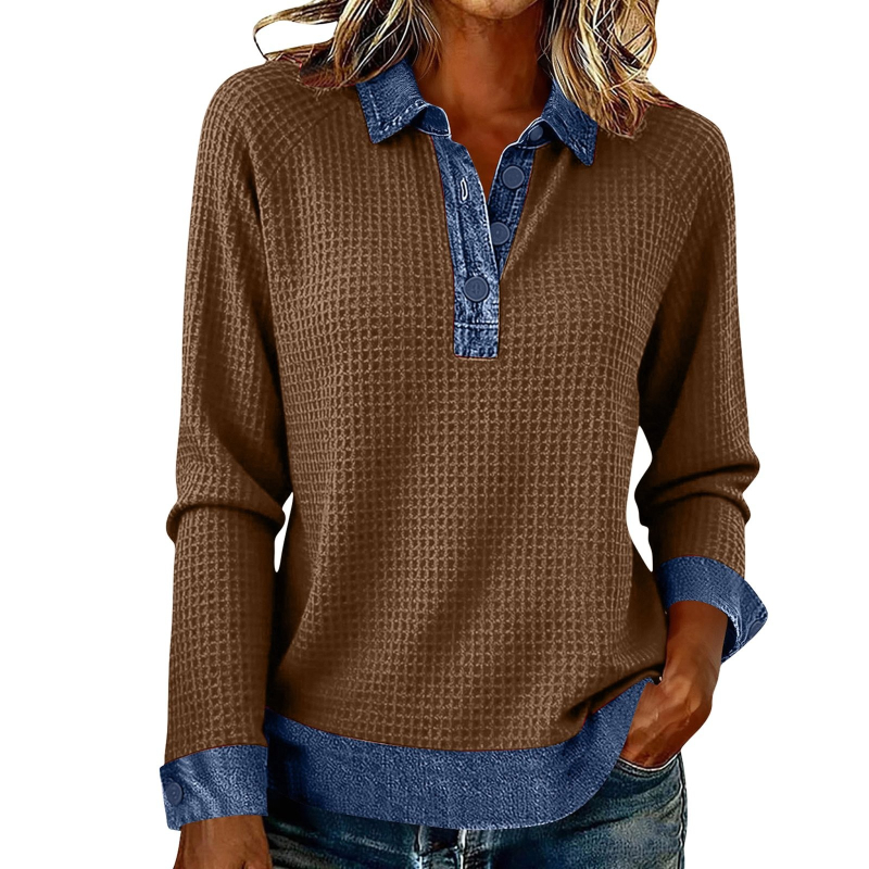 Μπλούζα από τζίν με mock neck, μακριά μανίκια, patchwork σε χρωματικά μπλοκ