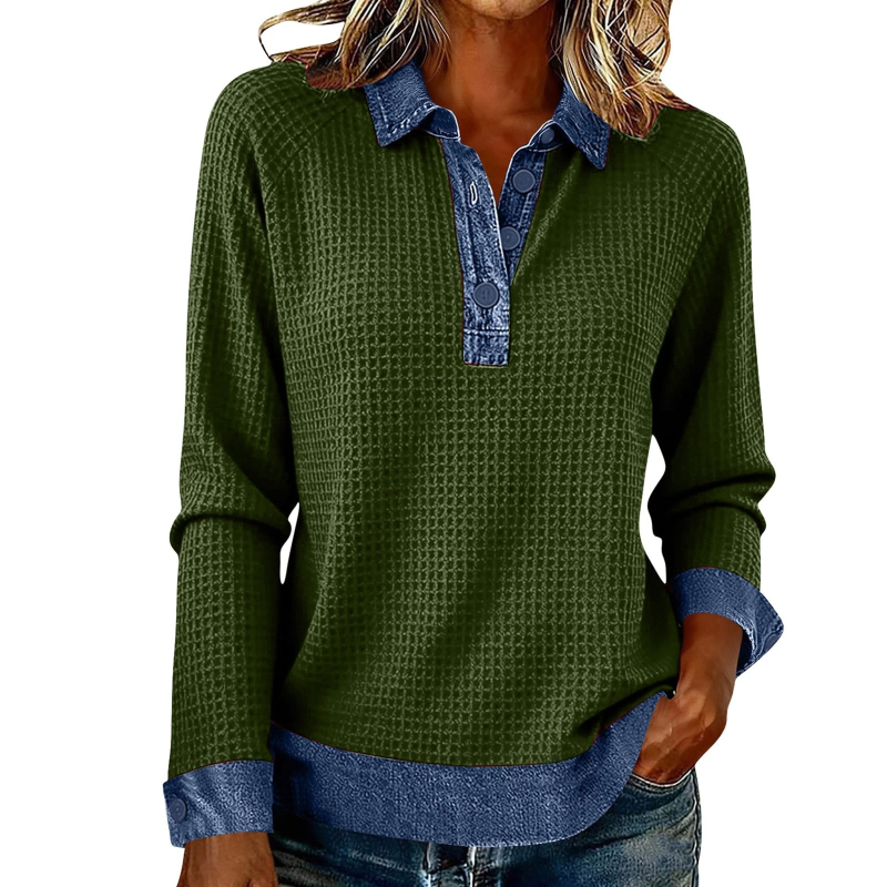 Μπλούζα από τζίν με mock neck, μακριά μανίκια, patchwork σε χρωματικά μπλοκ