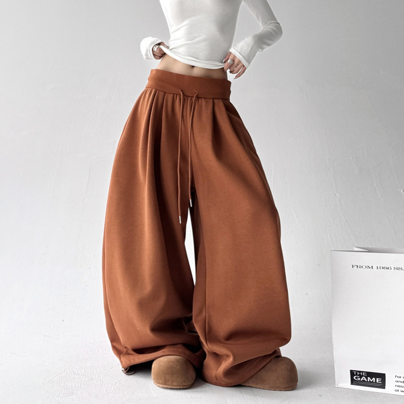 Crvene ženske denim široke hlače s flis podstavom, debeli, dužina do poda, jesen-zima 2025