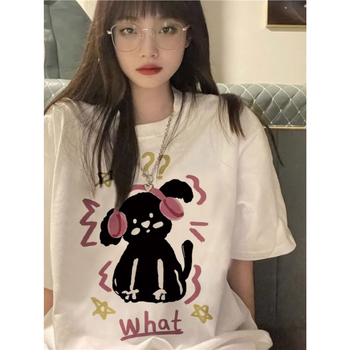 Γυναικείο βαμβακερό T‑shirt για καλοκαίρι, χαλαρή γραμμή, κοντό μανίκι, τύπωμα κουταβιού, σικάτος σχεδιασμός