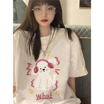 Γυναικείο βαμβακερό T‑shirt για καλοκαίρι, χαλαρή γραμμή, κοντό μανίκι, τύπωμα κουταβιού, σικάτος σχεδιασμός