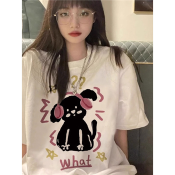 Γυναικείο βαμβακερό T‑shirt για καλοκαίρι, χαλαρή γραμμή, κοντό μανίκι, τύπωμα κουταβιού, σικάτος σχεδιασμός