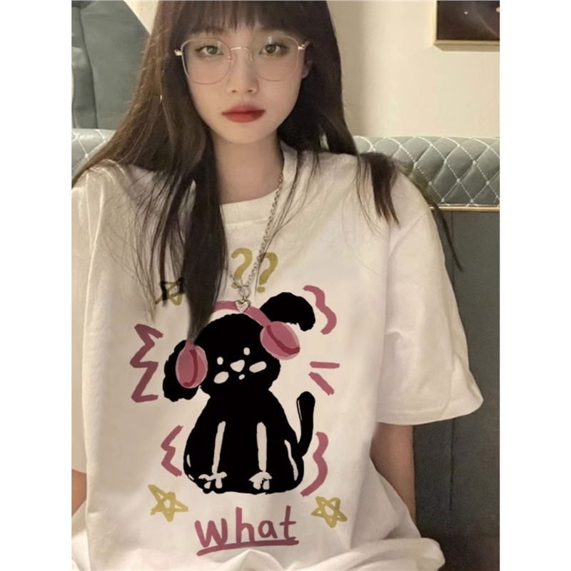 Γυναικείο βαμβακερό T‑shirt για καλοκαίρι, χαλαρή γραμμή, κοντό μανίκι, τύπωμα κουταβιού, σικάτος σχεδιασμός
