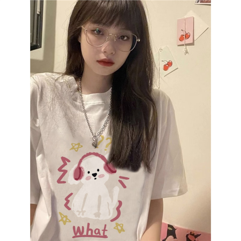 Γυναικείο βαμβακερό T‑shirt για καλοκαίρι, χαλαρή γραμμή, κοντό μανίκι, τύπωμα κουταβιού, σικάτος σχεδιασμός