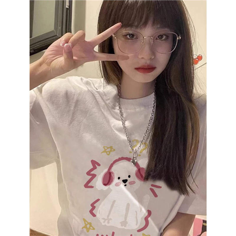 Γυναικείο βαμβακερό T‑shirt για καλοκαίρι, χαλαρή γραμμή, κοντό μανίκι, τύπωμα κουταβιού, σικάτος σχεδιασμός