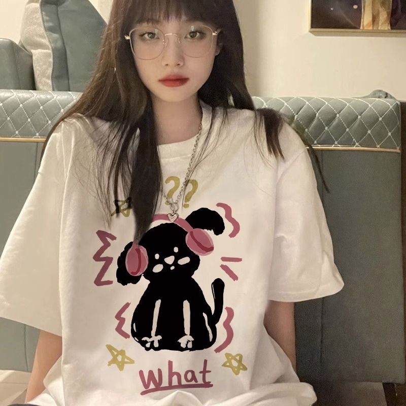 Γυναικείο βαμβακερό T‑shirt για καλοκαίρι, χαλαρή γραμμή, κοντό μανίκι, τύπωμα κουταβιού, σικάτος σχεδιασμός