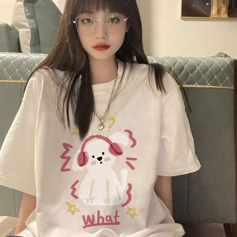 Γυναικείο βαμβακερό T‑shirt για καλοκαίρι, χαλαρή γραμμή, κοντό μανίκι, τύπωμα κουταβιού, σικάτος σχεδιασμός