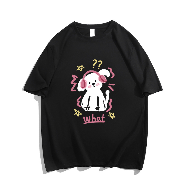 Γυναικείο βαμβακερό T‑shirt για καλοκαίρι, χαλαρή γραμμή, κοντό μανίκι, τύπωμα κουταβιού, σικάτος σχεδιασμός