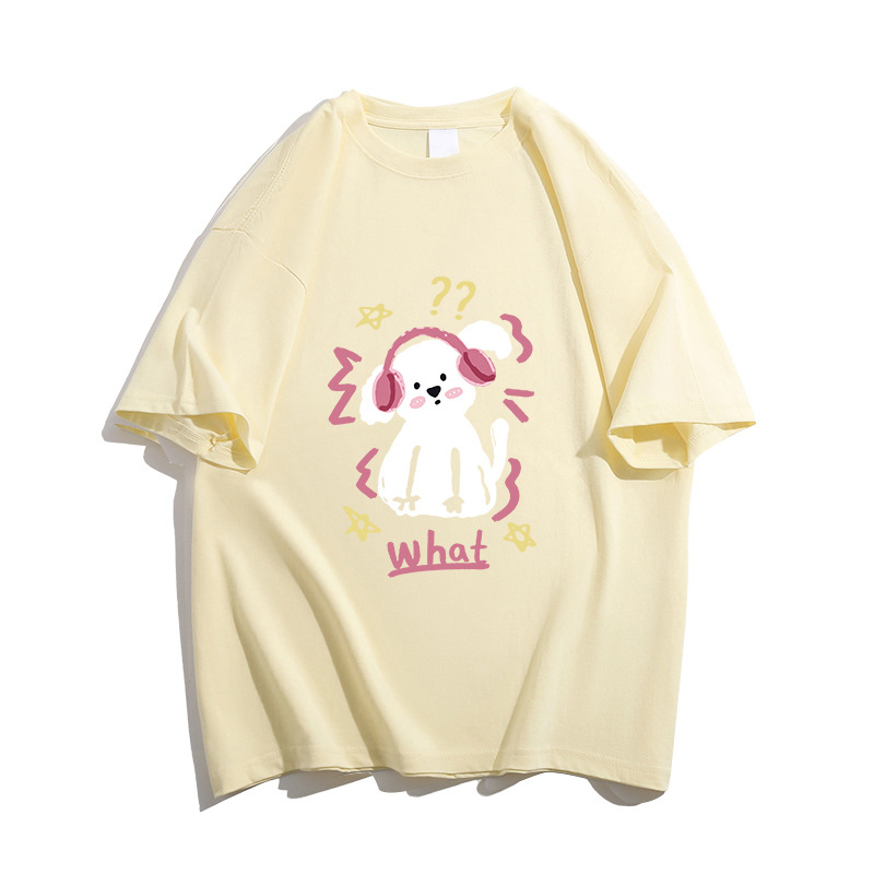 Γυναικείο βαμβακερό T‑shirt για καλοκαίρι, χαλαρή γραμμή, κοντό μανίκι, τύπωμα κουταβιού, σικάτος σχεδιασμός
