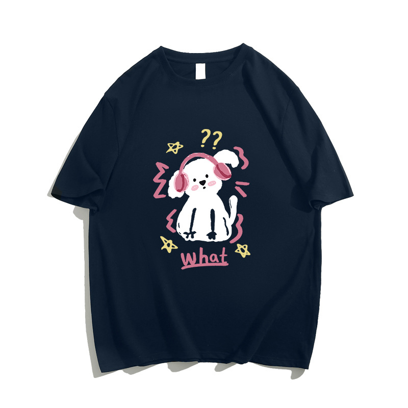 Γυναικείο βαμβακερό T‑shirt για καλοκαίρι, χαλαρή γραμμή, κοντό μανίκι, τύπωμα κουταβιού, σικάτος σχεδιασμός