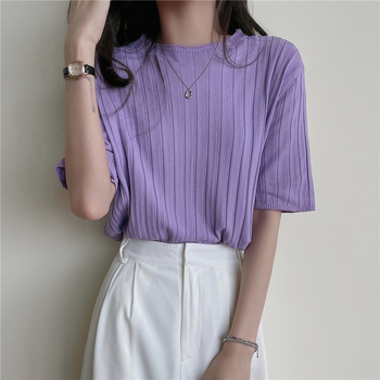 Γυναικείο T‑shirt από ice silk πλεκτό, κοντό μανίκι, στρογγυλός λαιμός, στενή γραμμή, μονόχρωμο, καλοκαιρινό casual τοπ