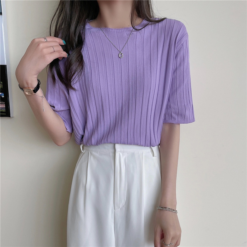 Γυναικείο T‑shirt από ice silk πλεκτό, κοντό μανίκι, στρογγυλός λαιμός, στενή γραμμή, μονόχρωμο, καλοκαιρινό casual τοπ