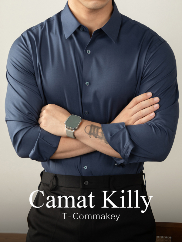 CamatKilly Ανδρικό πουκάμισο Τενσελ χωρίς ραφές, για επιχειρηματικό ντύσιμο, με μικρό τετράγωνο γιακά και αέρινα μακρυά μανίκια