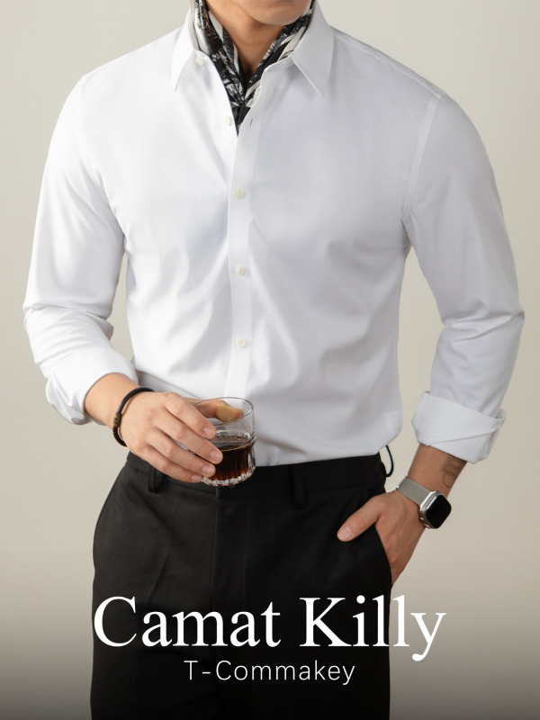 CamatKilly Ανδρικό πουκάμισο Τενσελ χωρίς ραφές, για επιχειρηματικό ντύσιμο, με μικρό τετράγωνο γιακά και αέρινα μακρυά μανίκια