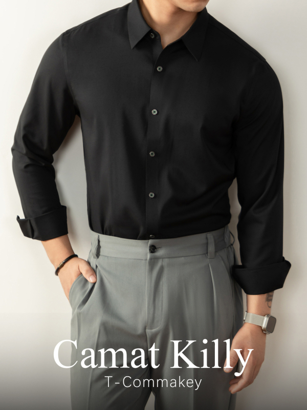 CamatKilly Ανδρικό πουκάμισο Τενσελ χωρίς ραφές, για επιχειρηματικό ντύσιμο, με μικρό τετράγωνο γιακά και αέρινα μακρυά μανίκια