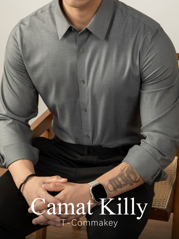 CamatKilly Ανδρικό πουκάμισο Τενσελ χωρίς ραφές, για επιχειρηματικό ντύσιμο, με μικρό τετράγωνο γιακά και αέρινα μακρυά μανίκια