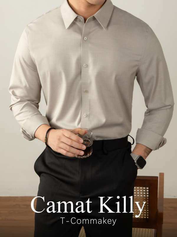 CamatKilly Ανδρικό πουκάμισο Τενσελ χωρίς ραφές, για επιχειρηματικό ντύσιμο, με μικρό τετράγωνο γιακά και αέρινα μακρυά μανίκια