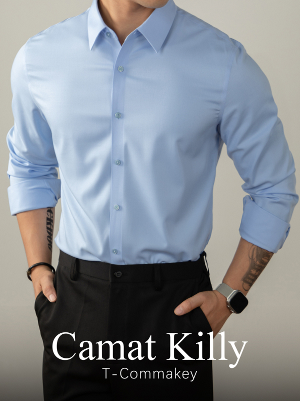 CamatKilly Ανδρικό πουκάμισο Τενσελ χωρίς ραφές, για επιχειρηματικό ντύσιμο, με μικρό τετράγωνο γιακά και αέρινα μακρυά μανίκια