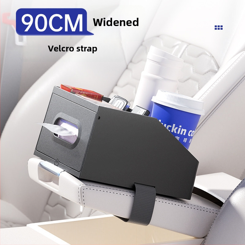 Organizér pod lakťom v aute: viacúčelová krabička na vreckovky, centrálne úložisko a držiak na pohár