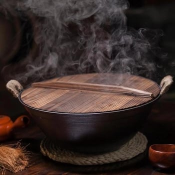 Lijevani čelični wok s okruglim dnom, dvije ručke, neprijanjajući premaz, za kućnu upotrebu