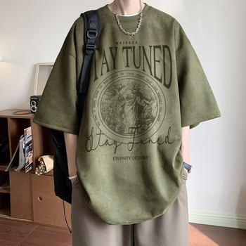 Chaoshifang muški T-shirt od umjetnog velura, kratkih rukava, geometrijski uzorak, slobodan kroj, okrugli izrez, ljeto 2025, poliester
