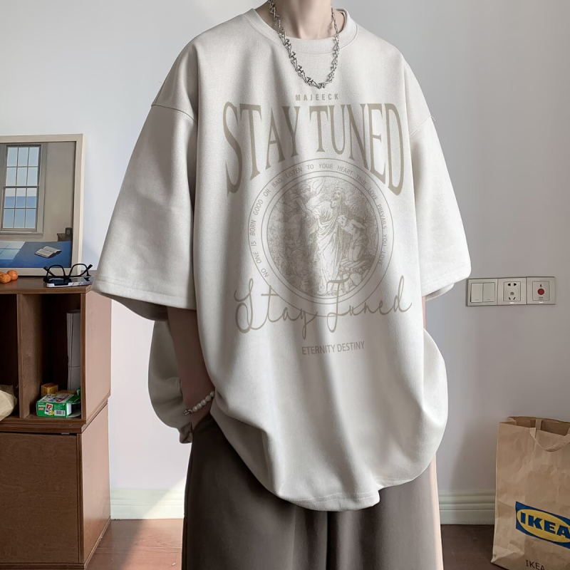 Chaoshifang muški T-shirt od umjetnog velura, kratkih rukava, geometrijski uzorak, slobodan kroj, okrugli izrez, ljeto 2025, poliester