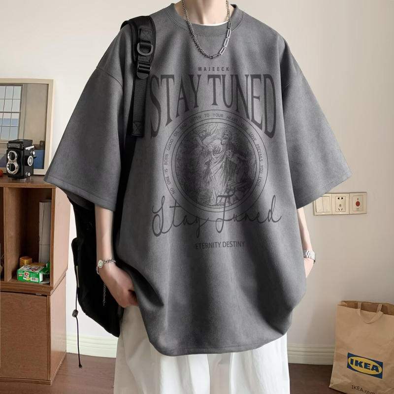 Chaoshifang muški T-shirt od umjetnog velura, kratkih rukava, geometrijski uzorak, slobodan kroj, okrugli izrez, ljeto 2025, poliester
