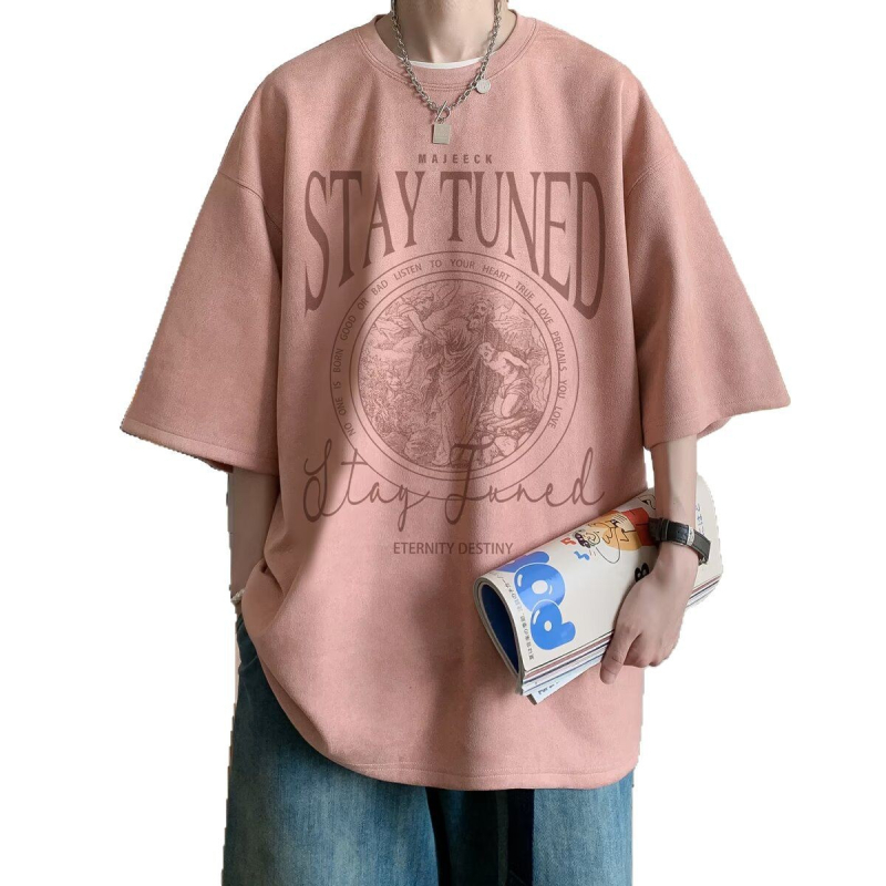 Chaoshifang muški T-shirt od umjetnog velura, kratkih rukava, geometrijski uzorak, slobodan kroj, okrugli izrez, ljeto 2025, poliester