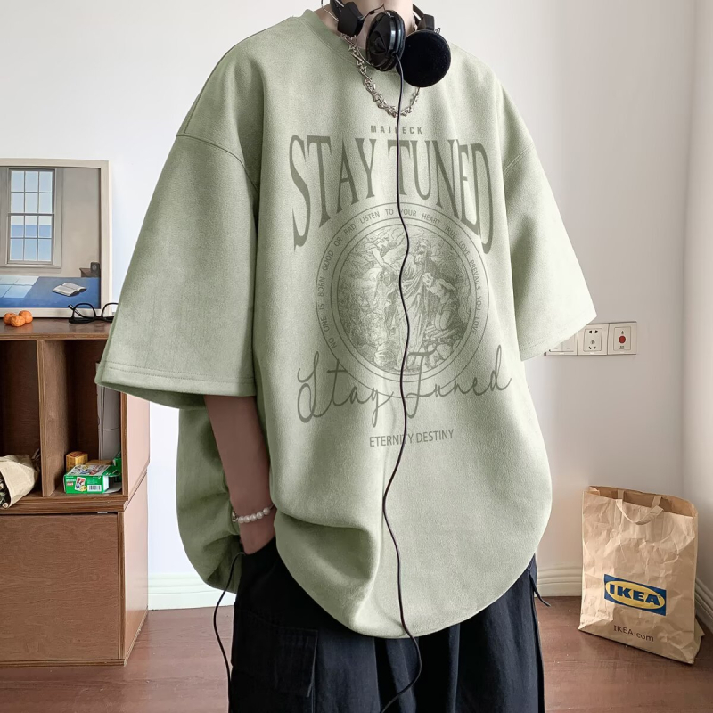 Chaoshifang muški T-shirt od umjetnog velura, kratkih rukava, geometrijski uzorak, slobodan kroj, okrugli izrez, ljeto 2025, poliester