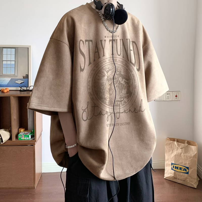 Chaoshifang muški T-shirt od umjetnog velura, kratkih rukava, geometrijski uzorak, slobodan kroj, okrugli izrez, ljeto 2025, poliester