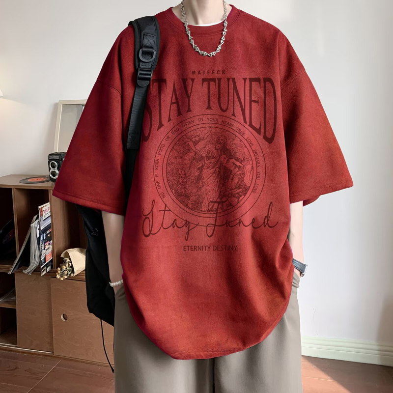 Chaoshifang muški T-shirt od umjetnog velura, kratkih rukava, geometrijski uzorak, slobodan kroj, okrugli izrez, ljeto 2025, poliester
