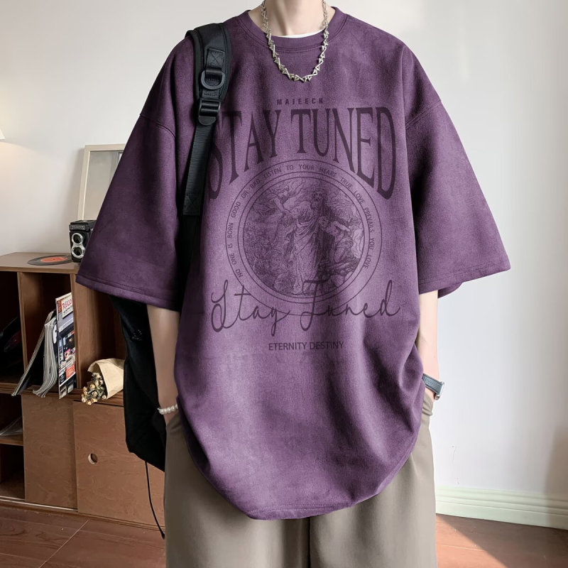 Chaoshifang muški T-shirt od umjetnog velura, kratkih rukava, geometrijski uzorak, slobodan kroj, okrugli izrez, ljeto 2025, poliester